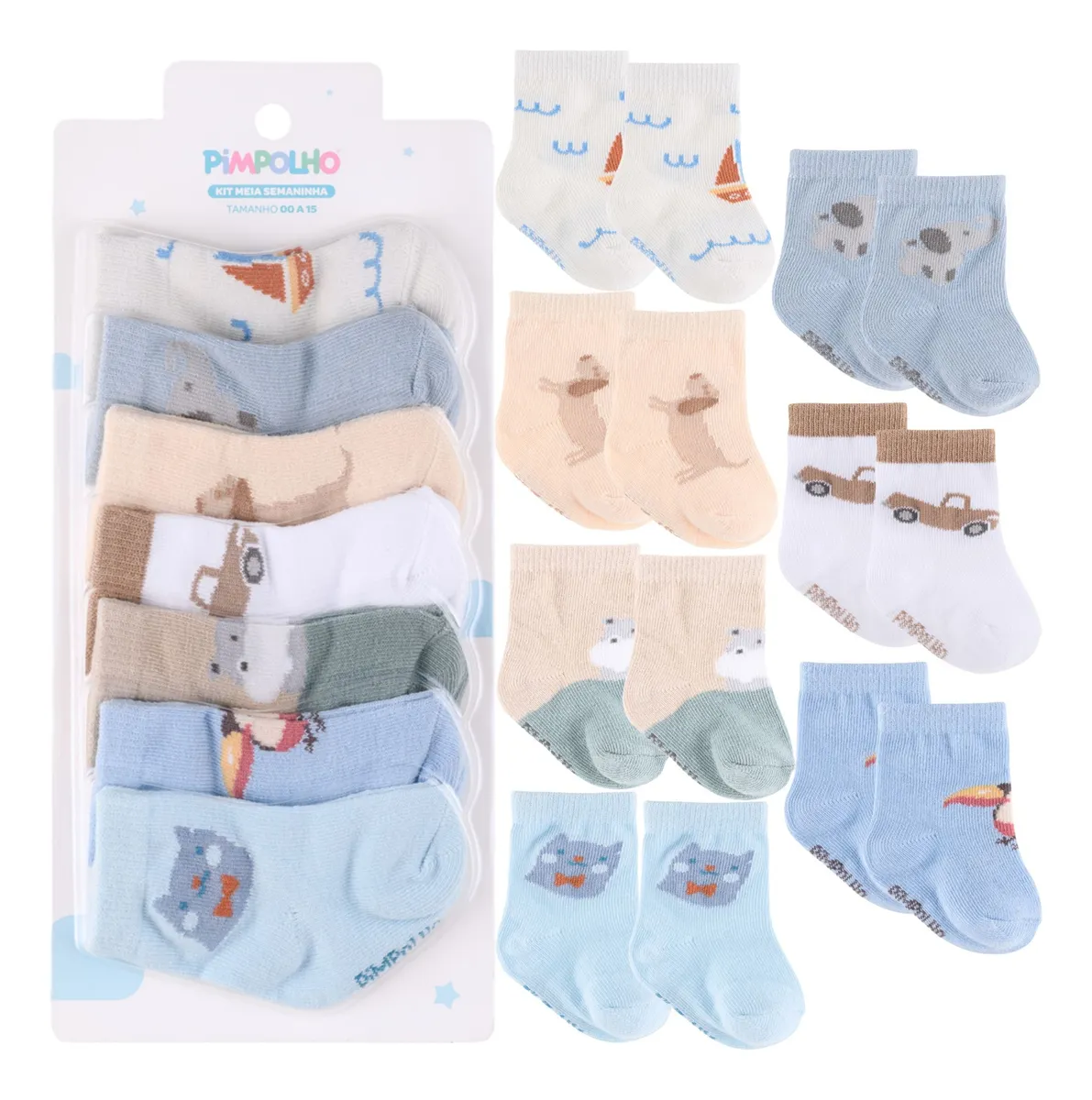 Kit 7 Pares Meia De Bebê Pimpolho Recém Nascido Menino 00-15
