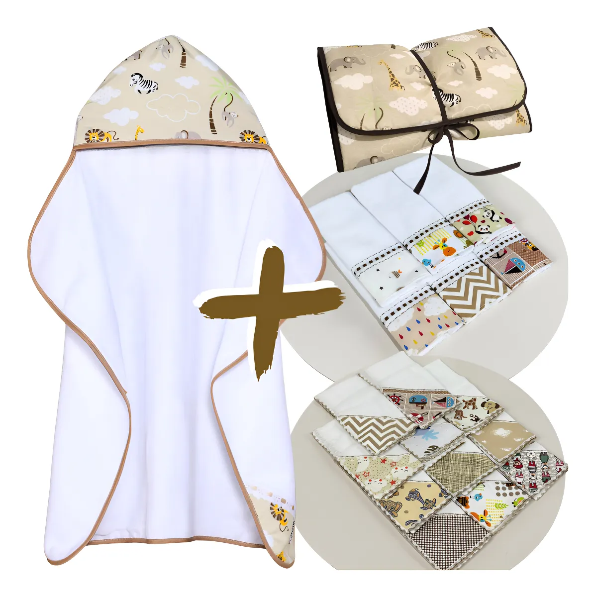 Kit Bebê 14 Peças Toalha Banho Fraldinha Toalhinha Trocador Cor Safári Cáqui